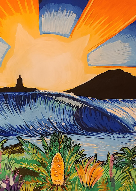 This Is A Surf Art Painting Of A Sun Rise On Byron Bay By Surf Artist John Lasonio In His Unique Paint Pen Style.