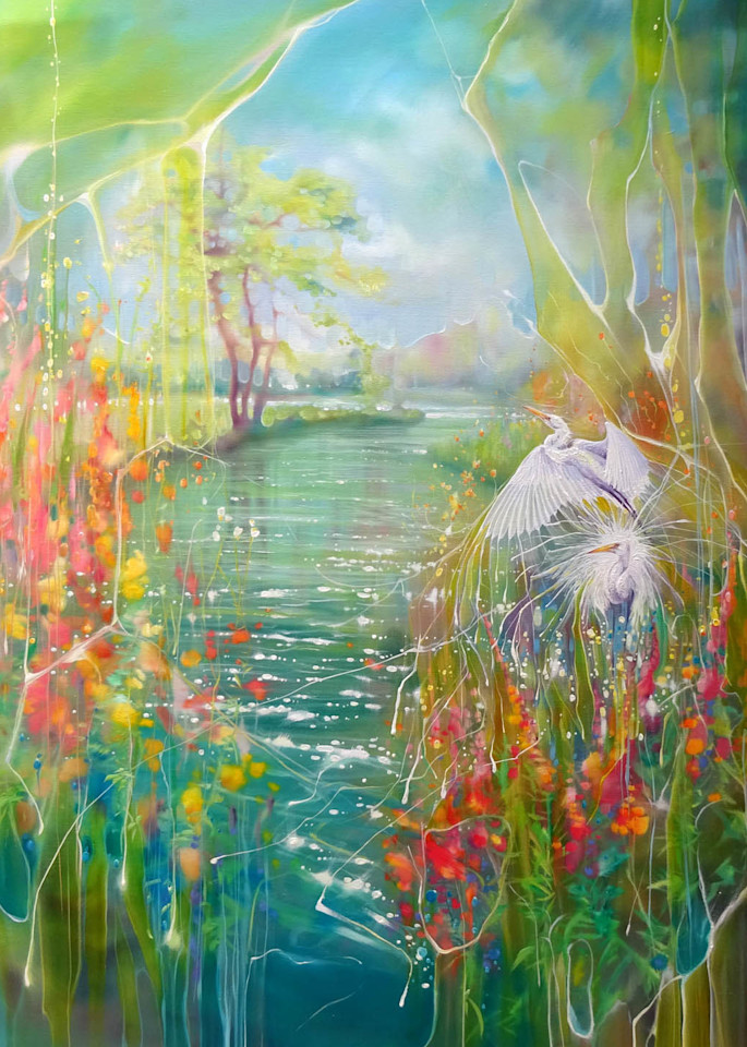 a river bank in summer with wildflowers and white egrets print on canvas or paper