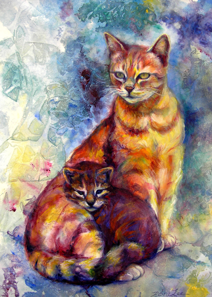 Emma and Molly are Mom and baby kitten fostered by a friend. Sweet and loving little family of cats in soft watercolors.