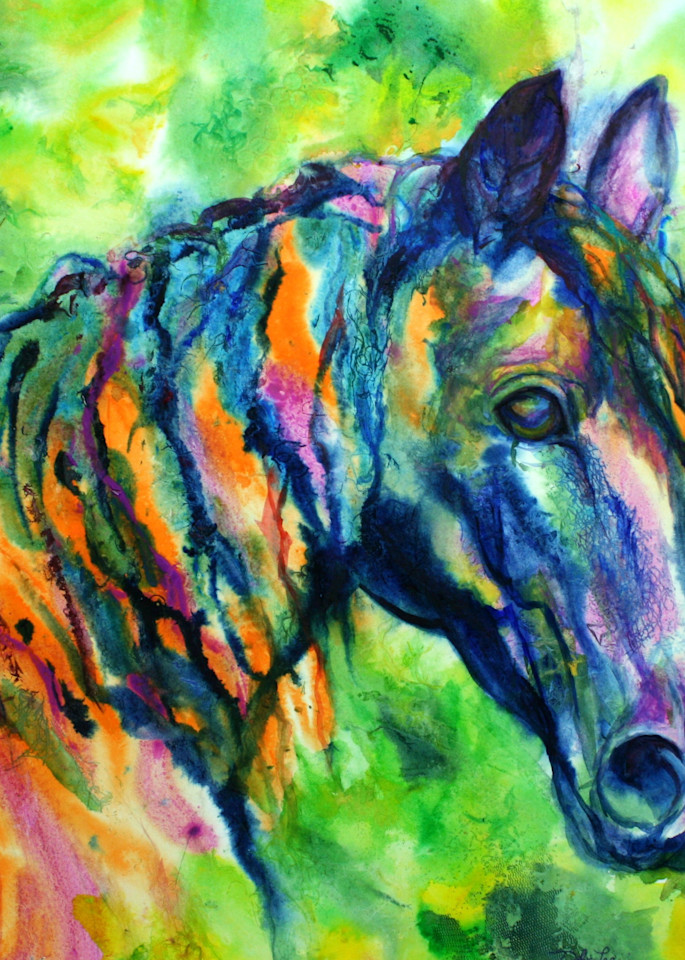 Black Stallion horse Portrait done in watercolor in a contemporary style.
