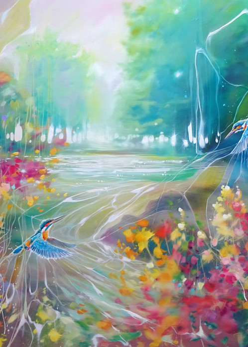 prints and wall art of a river bank with wildflowers and kingfishers on an English summer day in the countryside