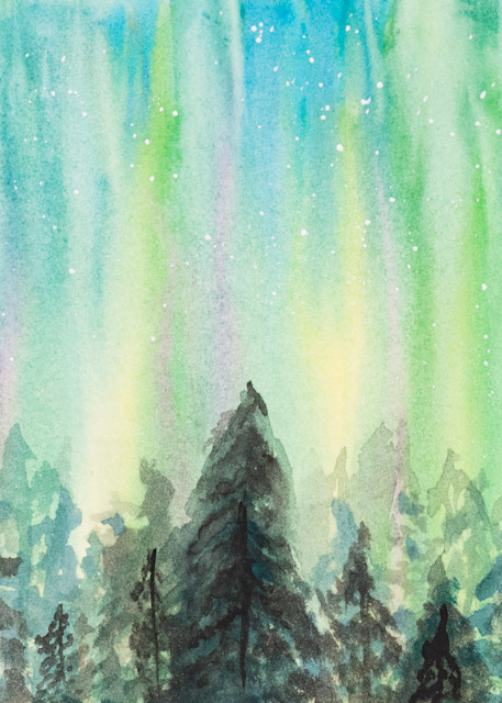 ASquareWatermelon - Art, watercolor Northern Lights Forest