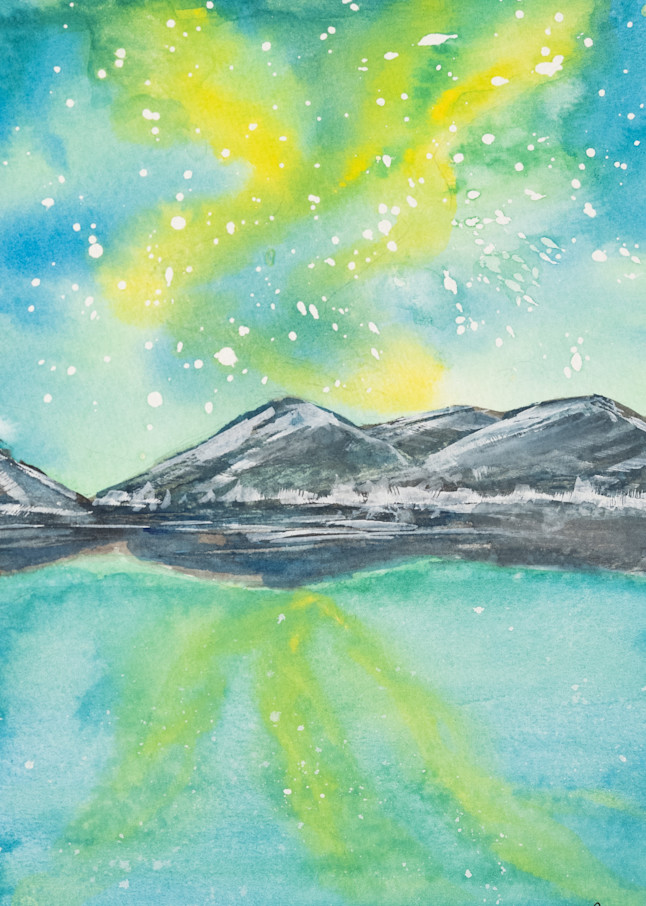 ASquareWatermelon - Art, watercolor Northern Lights Lake