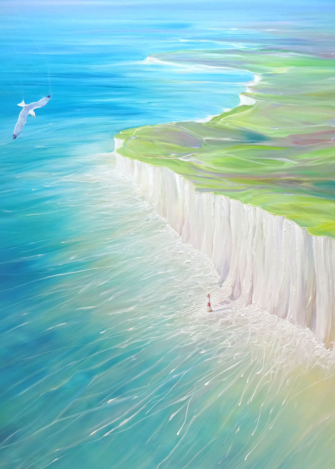 seascape painting of the sea, Seven Sisters’ chalk cliffs and the lighthouse at Eastbourne in East Sussex