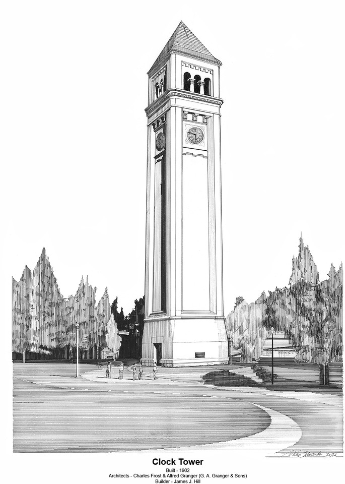 Clock Tower With Footer Art | Pen and Ink Art, LLC