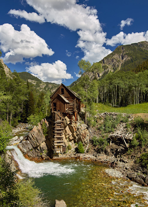 The 1892 powerhouse above the Crystal River in what is now the virtual ghost town (except for a handful of summer-only residents) of Crystal in Gunnison County, Colorado.  Often called the Crystal "mill," the building, atop a high outcropping, it us