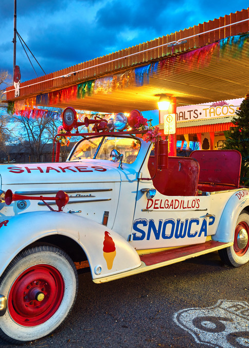 Scene outside Delgadillo's Snow Cap Drive-In restaurant, a historic eatery and roadside attraction in Seligman, Arizona, along old U.S. highway 66. Much of America’s best-known historic highway, which was known as “the Mother Road,” connecting Chica