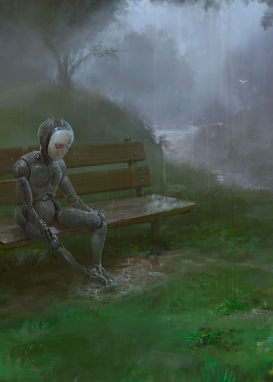 Burton Gray's Painting of a robot sitting in the rain