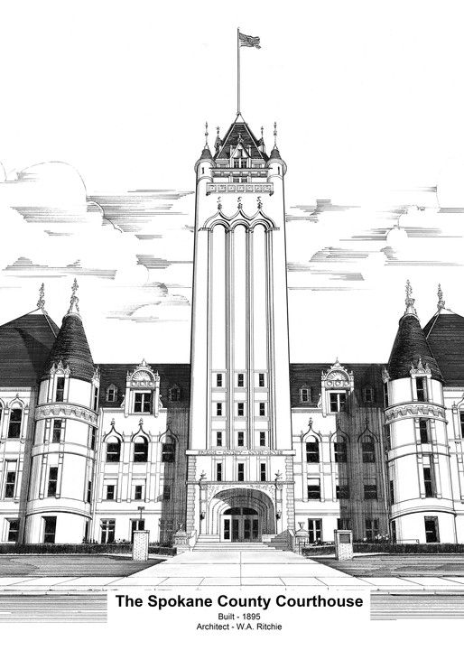 Spokane County Courthouse With Footer Art | Pen and Ink Art, LLC