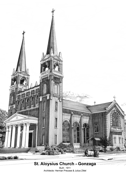 St. Aloysius Church At Gonzaga University With Footer Art | Pen and Ink Art, LLC
