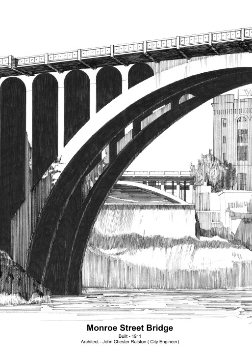 Monroe Street Bridge With Footer Art | Pen and Ink Art, LLC