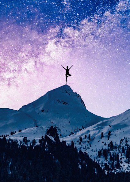 Tree Pose on Top of a Snow Capped Mountain:  Yoga Art
