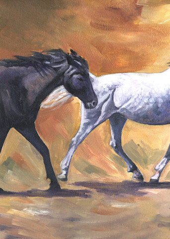 Black and white horses running against abstract background