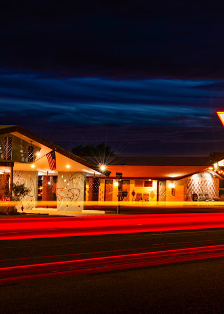 Motel Safari During The Blue Hour with Car Streaks