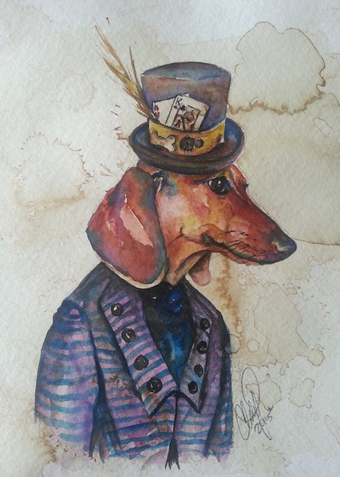 Dachshund Steampunk Card Playing Fine Art Weiner Dog Print by Christy Freeman