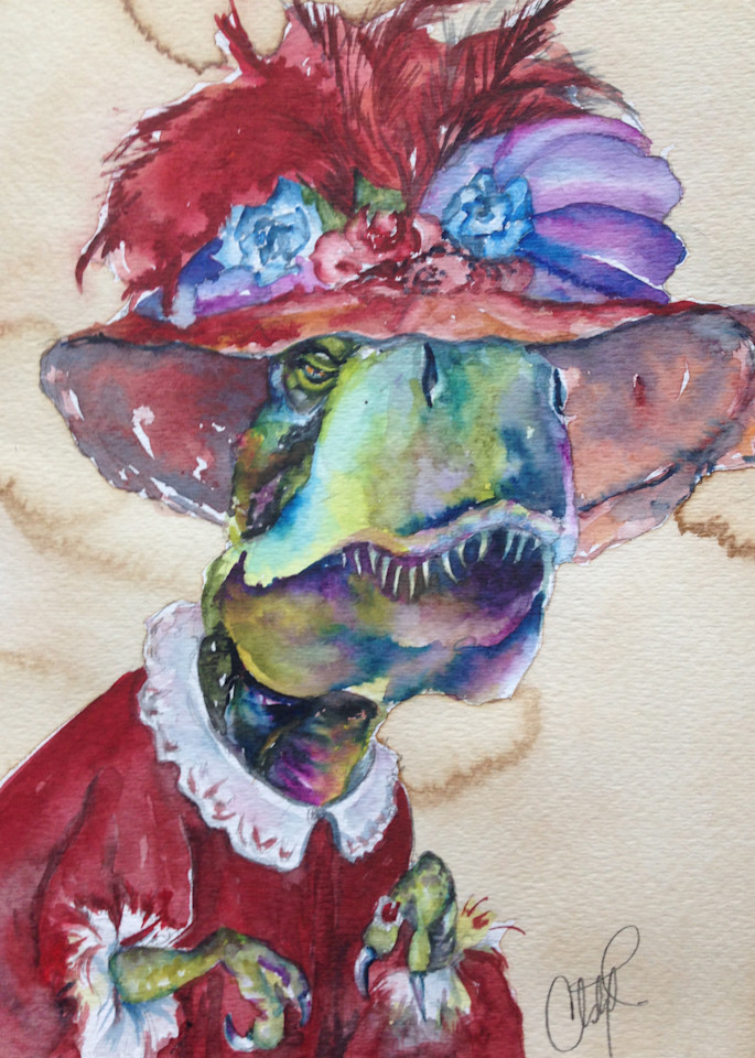 TRex Old Lady Steampunk Fancy Dressed Dinosaur Fine Art by Christy Freeman