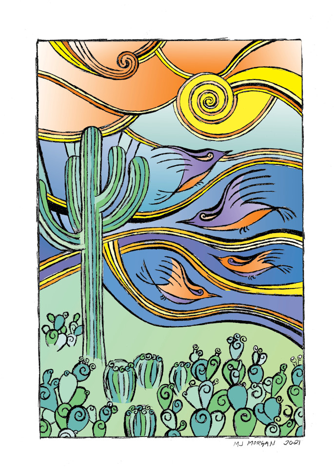 Block Print Style Cactus Wren Multi Media Print Yellow Sun Art | Morgan Trading Company