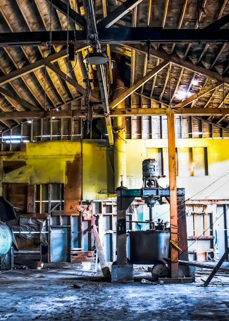 Inside Old Cannery Building with Rusted Equipment and Crumbling