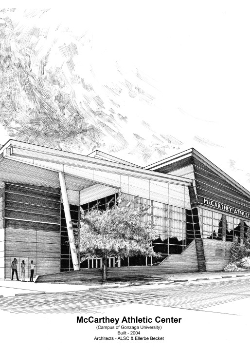 Mc Carthey Athletic Center With Footer Art | Pen and Ink Art, LLC