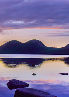 Panorama of Jordan Pond and the Bubbles during dusk in Acadia National Park, Maine.