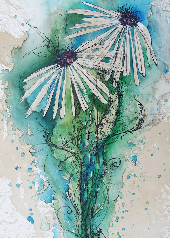 Crazy White Daisies in Coffee and Watercolor