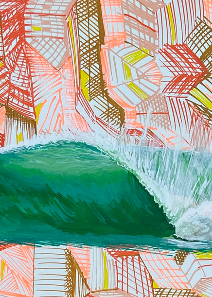 A Surf Art Image Created By Renown Surf Artist John Lasonio Depicting a Wave Breaking On A Multi Color Cross Hatch Design