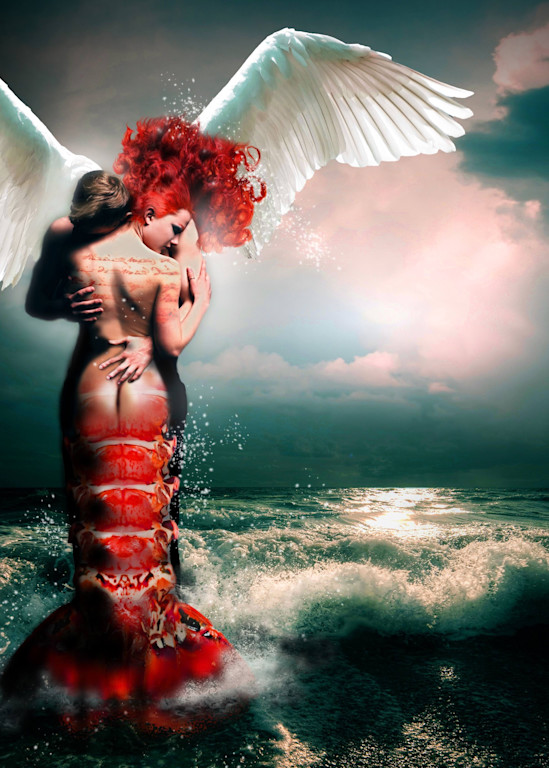 Angel and Mermaid over the Ocean Art