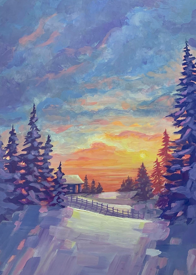 Winter Cabin Under An Apricot Sky Art | leahroseart