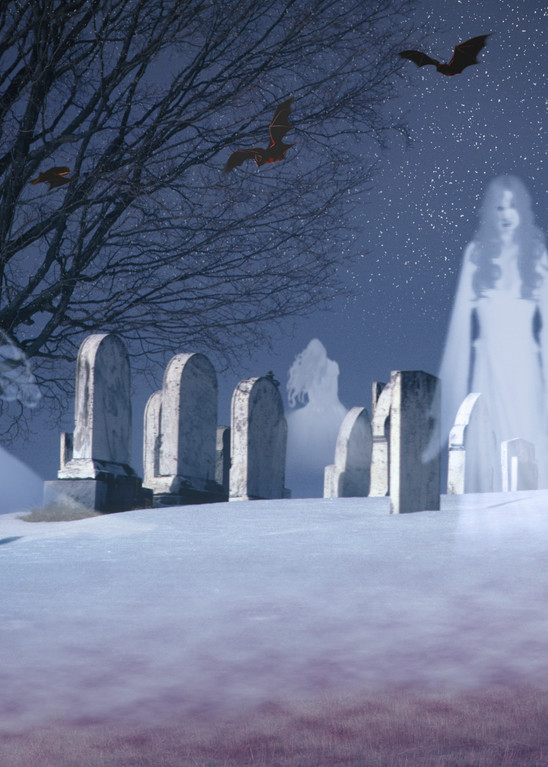 Composite image of ghosts and bats under a full moon in a snowy cemetery, VT