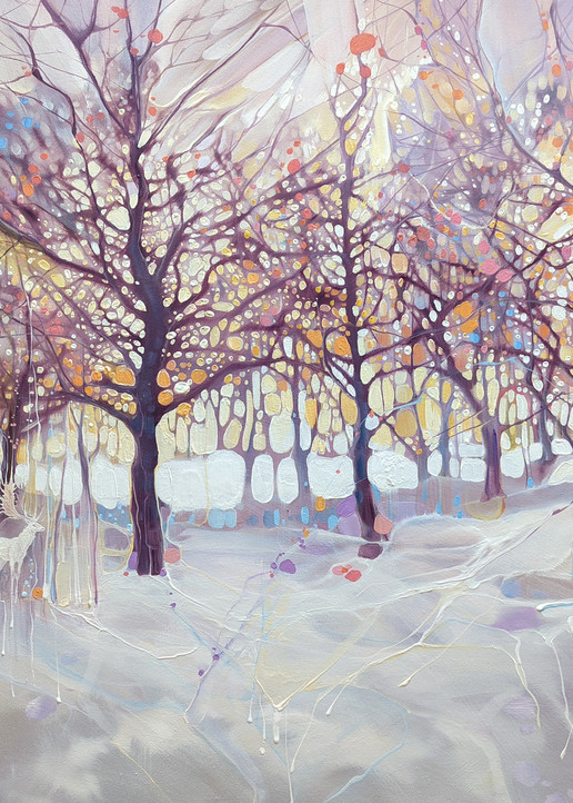 snowy landscape painting of a white hart and winter trees