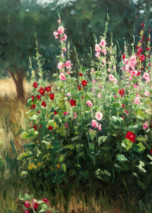 The Artist Enclave - Spring Hollyhocks by Utah Artist Karl Thomas captures pink, red, and white flowers in a field. For sale in several sizes and media types including paper, canvas, metal and more. Take 20% off your first order.