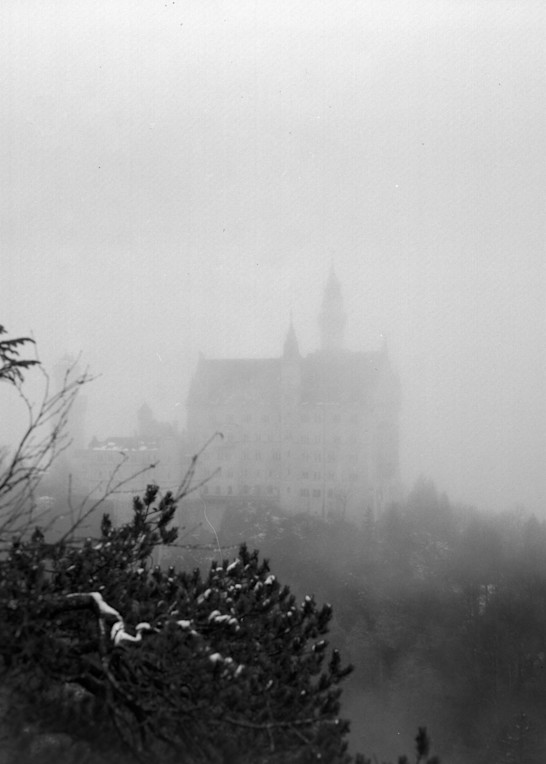 Neuschwanstein Castle in heavy fog. Schwangau, Bavaria, Germany. Shot on Film