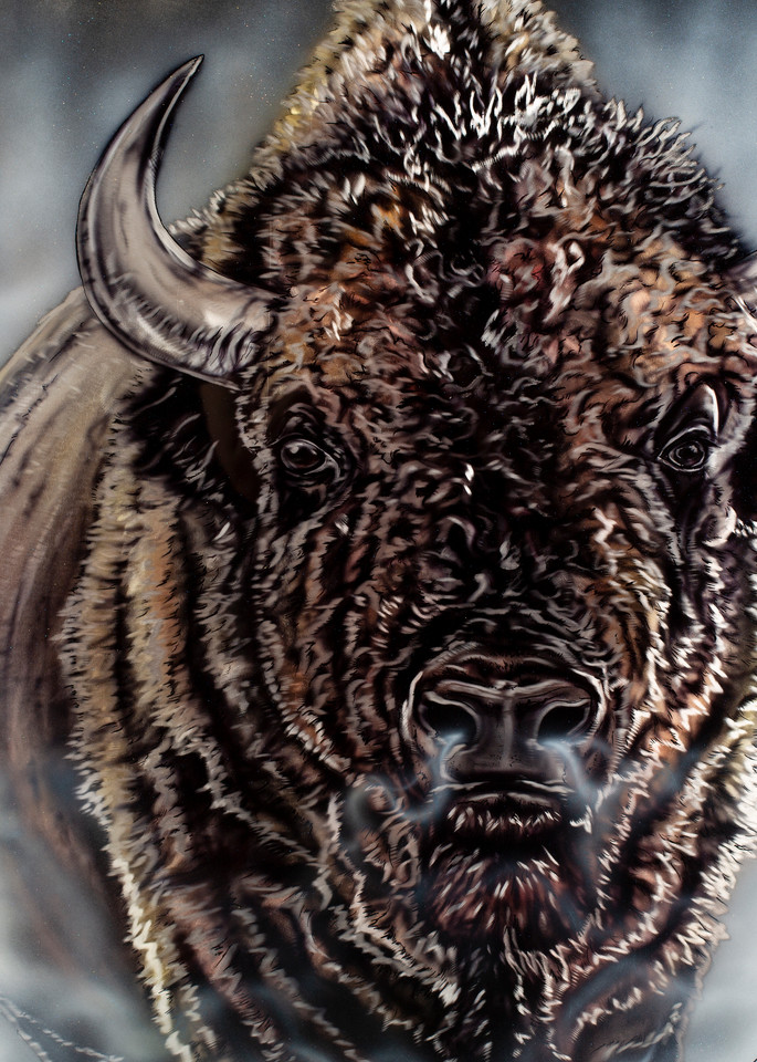 Out of the Mist by Amy Keller-Rempp art, metal painting of a buffalo