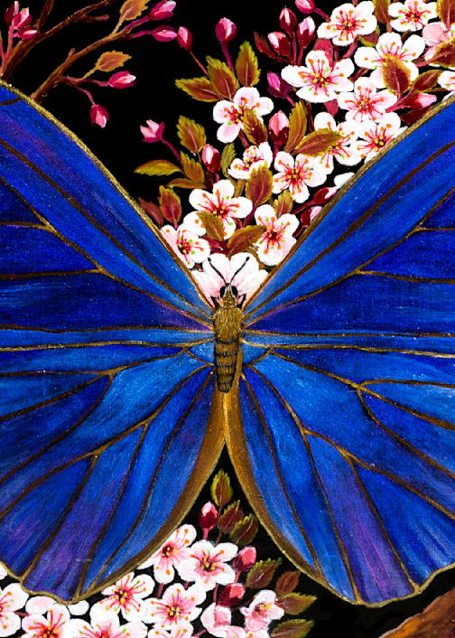  Blue Morpho Butterfly With Peach Blossoms Art | miaprattfineart.com