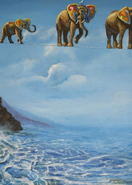 Elephant Family With Butterfly Ears On A Tightrope Art | Free Ray Gray