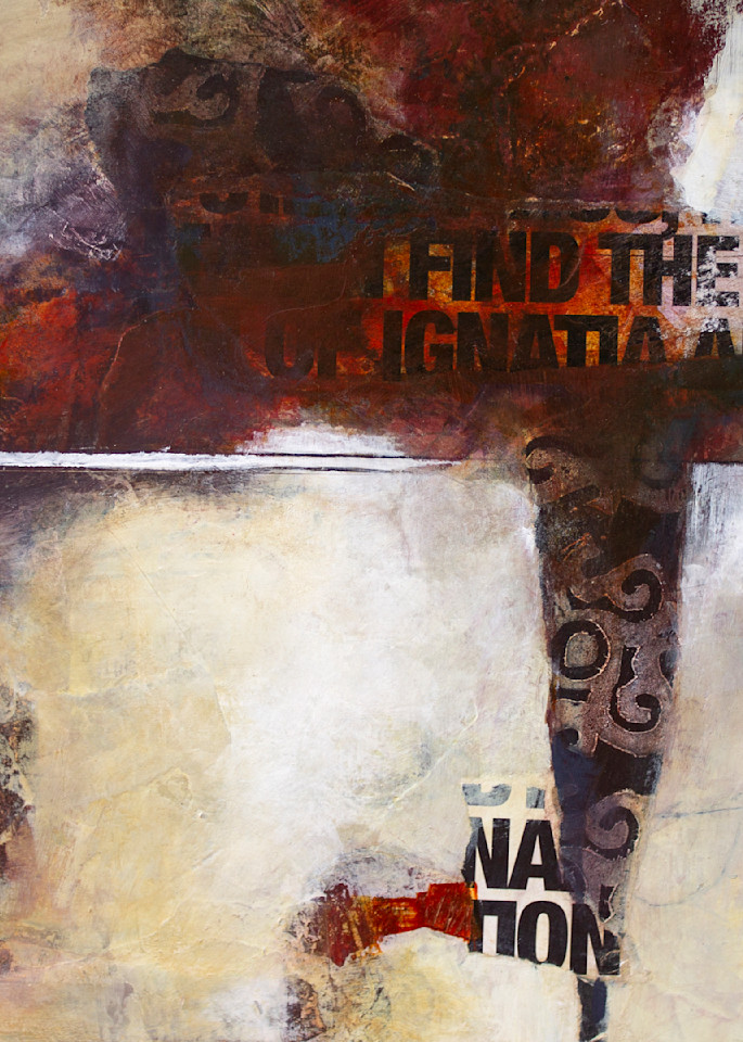 Abstract painting in red and brown with collage text