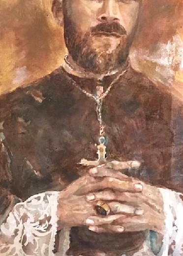 Painting of Archbishop Marcel Lefebvre in golds and bronzes