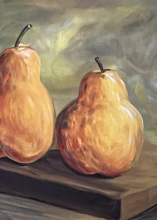 Pear Painting, Pears Original Art, Fruit Still Life for Kitchen Wall, Small Still Life painting, Kitchen Art, Yellow Pears on brown wood cutting board, marbled wall