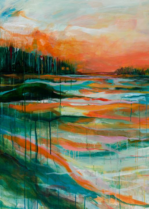 Green, Blue and Orange Expressive Water Island Painting