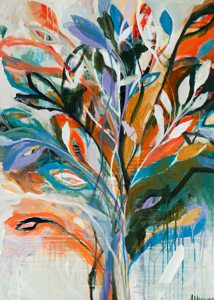 Bright Blue and Orange Expressive Tree Painting
