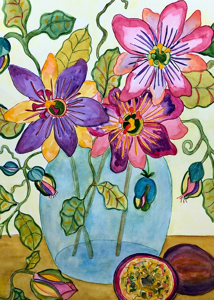 Passion Fruit In Blue Vase  Art | Becki Thomas Art