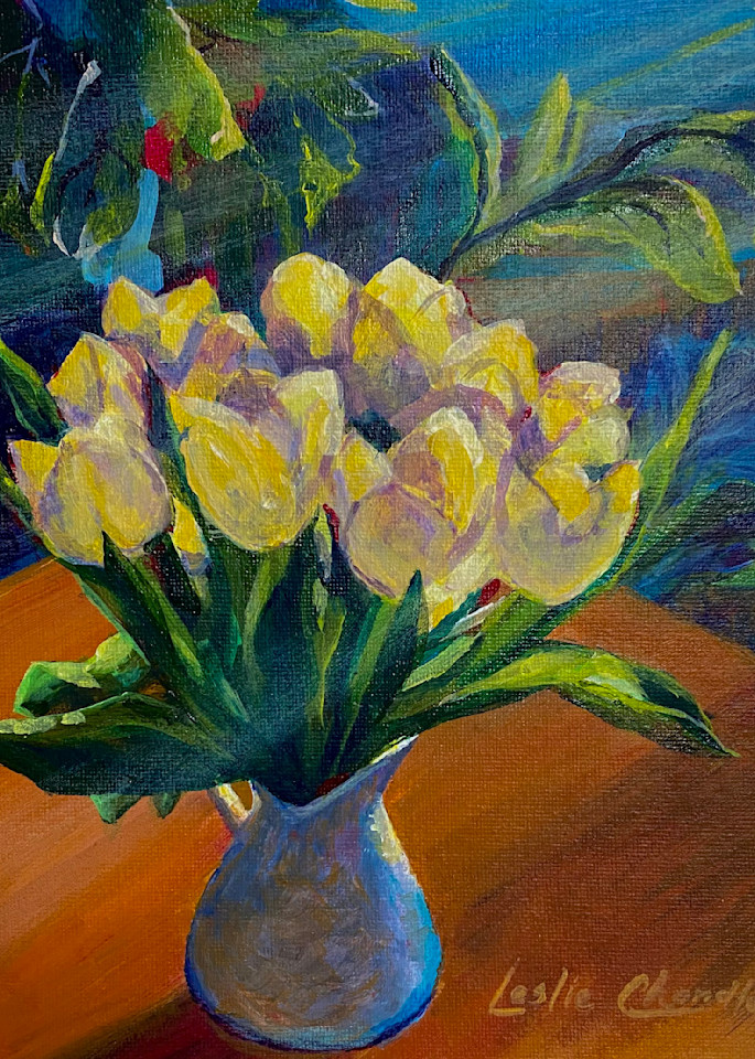 Flowers, yellow, tulips, spring, green, painting.