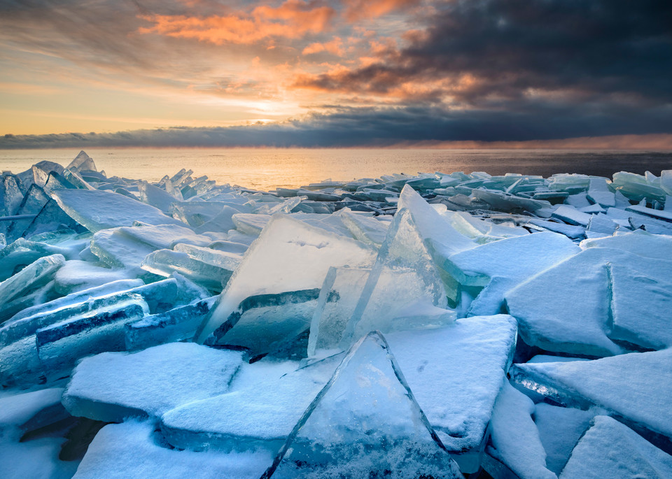 Shattered plate ice at sunrise along the North Shore of Lake Superior