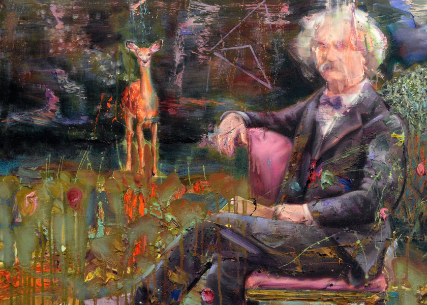 Portrait of Mark Twain with a deer