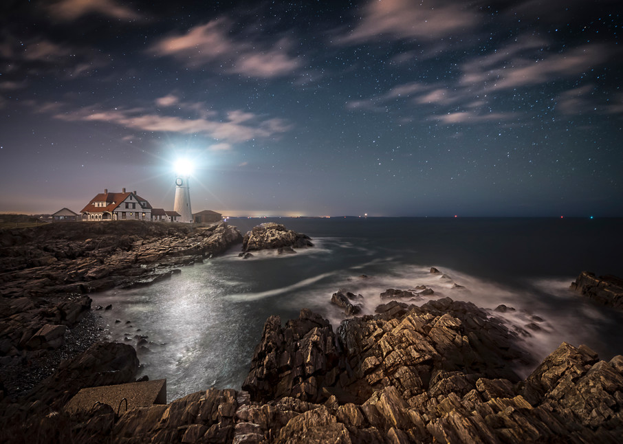 Portland Head Light at Night, Maine Lighthouse and Rocky Shore seen at Night