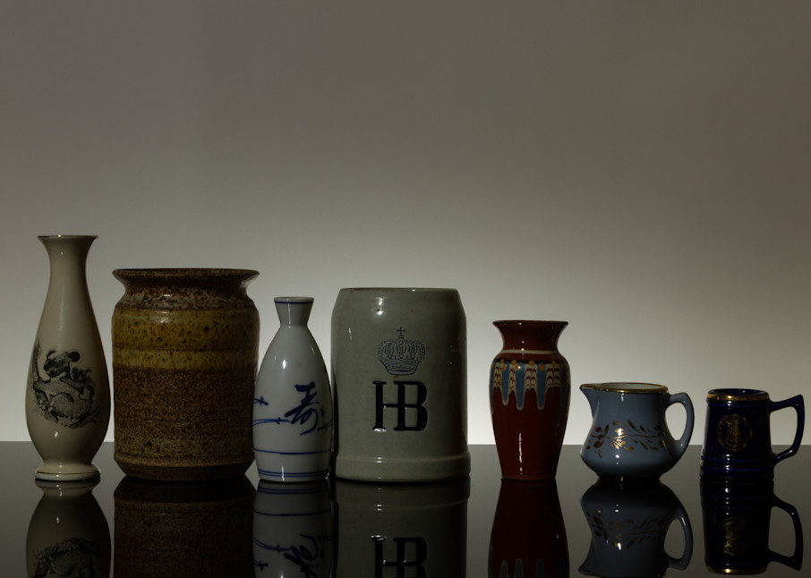 Fine Art Photograph of Vases and Mugs Reflections on Black Plexi Michael Pucciarelli