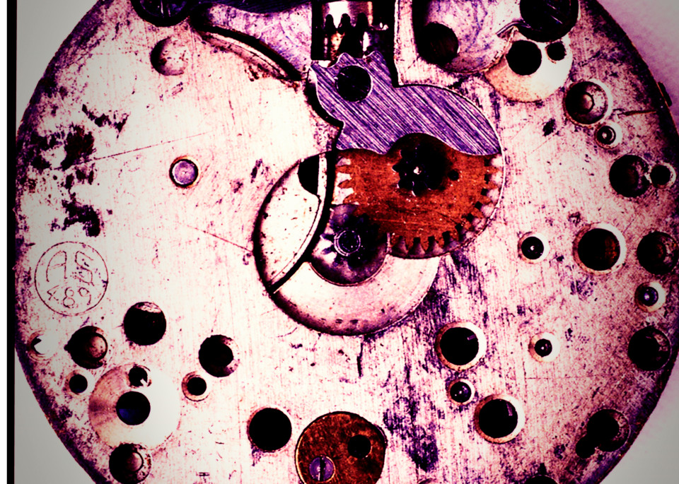 Photograph of broken watch rendered in simulated Fui Sensia Red film