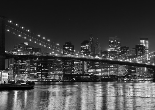 "Brooklyn Bridge at Night" Black and white New York City skyline photography 