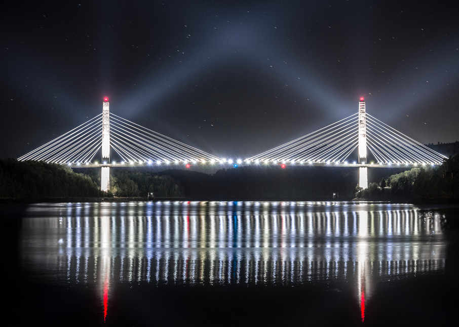 Bucksport Maine Bridge at Night, bridge lights reflecting in river and sky