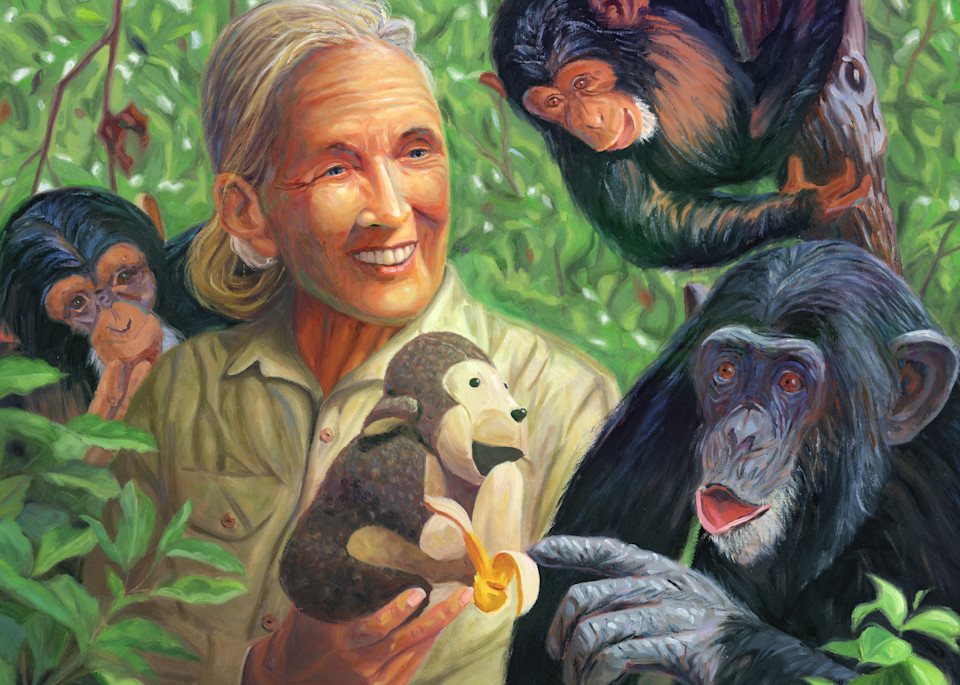 Oil painting portrait of Jane Goodall by Steve Simon